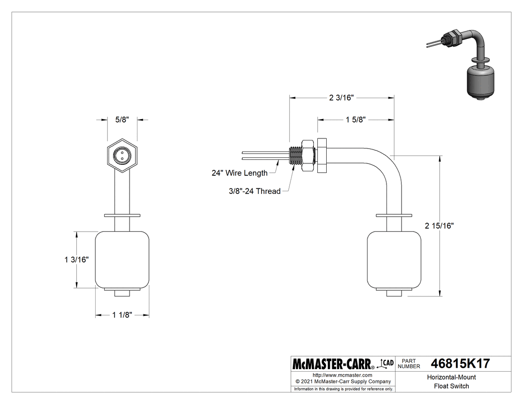 Technical Drawing of Horizontal-Mount Float Switch, for Food and Beverage, Through-Wall Connection.